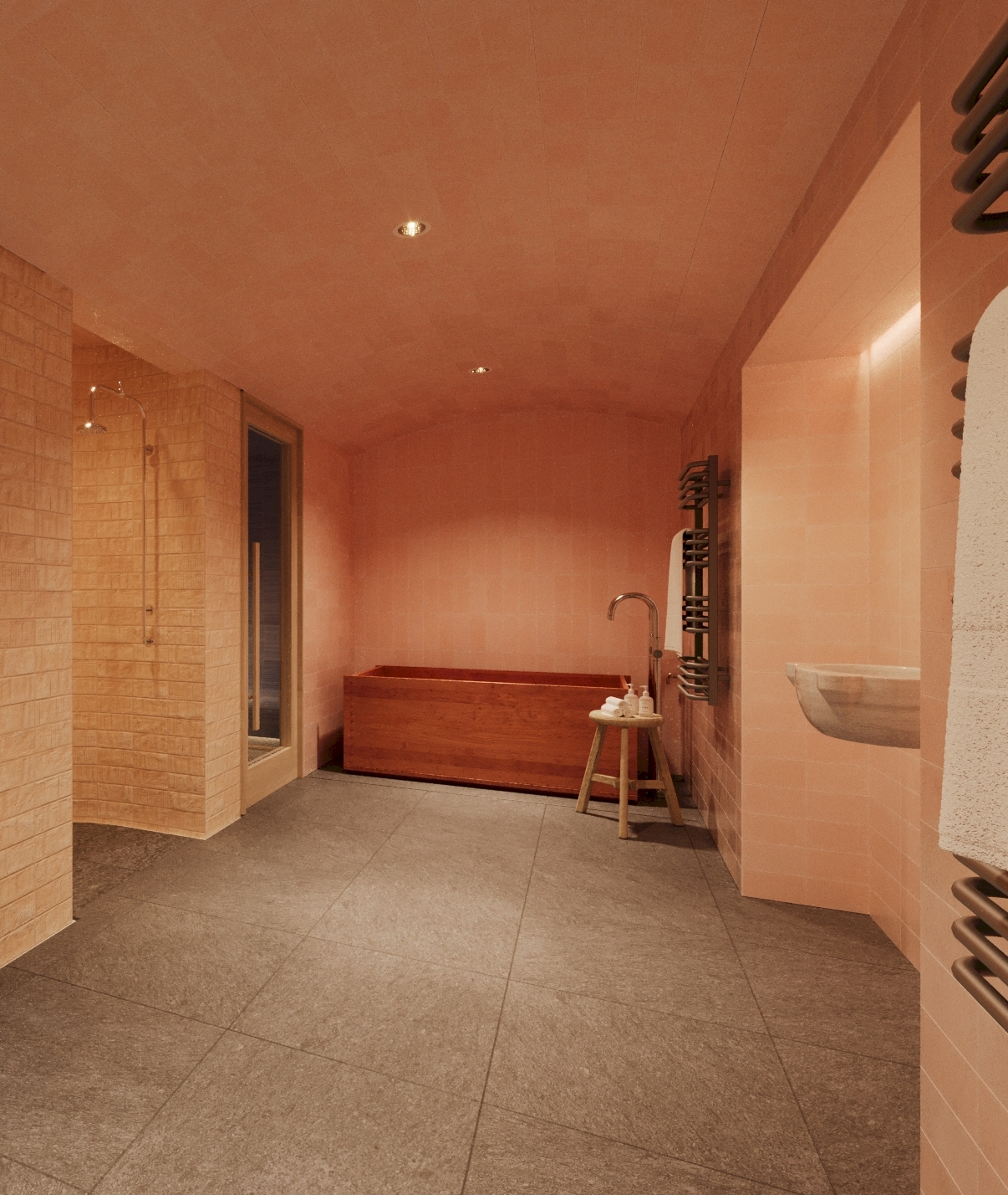 A stylish pale pink-tiled bathhouse